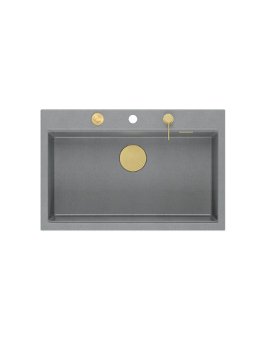 MARC WORKSTATION 1-bowl sink + Push-2-Open siphon + liquid dispenser + drain cover + wooden board silver stone / gold elements -