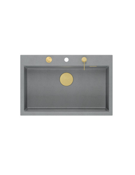 MARC WORKSTATION 1-bowl sink + Push-2-Open siphon + liquid dispenser + drain cover + wooden board silver stone / gold elements -
