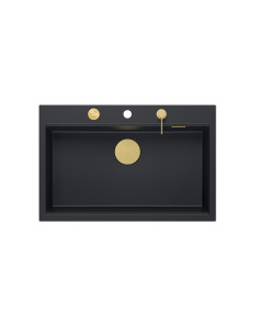 MARC WORKSTATION 1-bowl sink + Push-2-Open siphon + liquid dispenser + drain cover + wooden board pure carbon / gold elements -  2