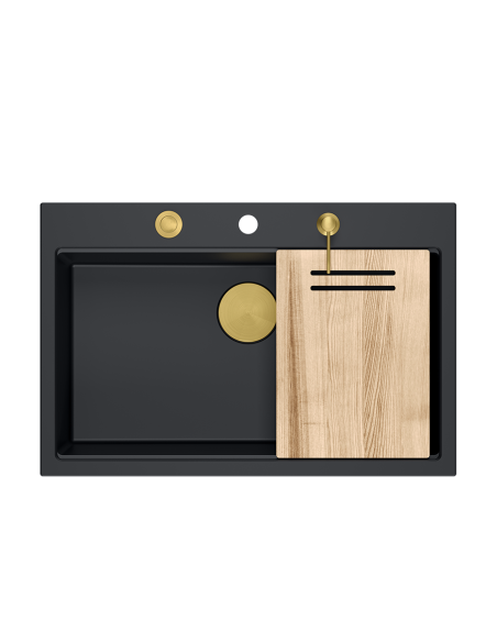 MARC WORKSTATION 1-bowl sink + Push-2-Open siphon + liquid dispenser + drain cover + wooden board pure carbon / gold elements - 