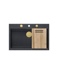 MARC WORKSTATION 1-bowl sink + Push-2-Open siphon + liquid dispenser + drain cover + wooden board black diamond / gold elements  2