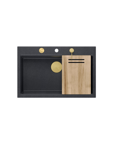 MARC WORKSTATION 1-bowl sink + Push-2-Open siphon + liquid dispenser + drain cover + wooden board black diamond / gold elements 