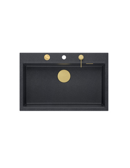 MARC WORKSTATION 1-bowl sink + Push-2-Open siphon + liquid dispenser + drain cover + wooden board black diamond / gold elements 