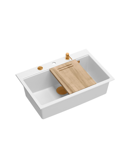 MARC WORKSTATION 1-bowl sink + Push-2-Open siphon + liquid dispenser + drain cover + wooden board snow white / copper elements -
