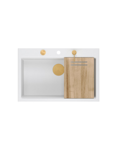 MARC WORKSTATION 1-bowl sink + Push-2-Open siphon + liquid dispenser + drain cover + wooden board snow white / copper elements -