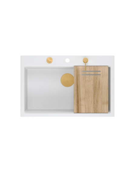 MARC WORKSTATION 1-bowl sink + Push-2-Open siphon + liquid dispenser + drain cover + wooden board snow white / copper elements -