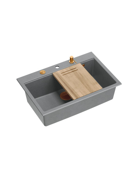MARC WORKSTATION 1-bowl sink + Push-2-Open siphon + liquid dispenser + drain cover + wooden board silver stone / copper elements MARC WORKSTATION 1-bowl sink + Push-2-Open siphon + liquid dispenser + drain cover + wooden board silver stone / copper elements