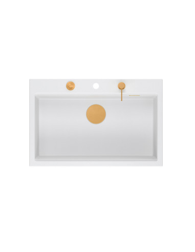 MARC WORKSTATION 1-bowl sink + Push-2-Open siphon + liquid dispenser + drain cover + wooden board snow white / copper elements -