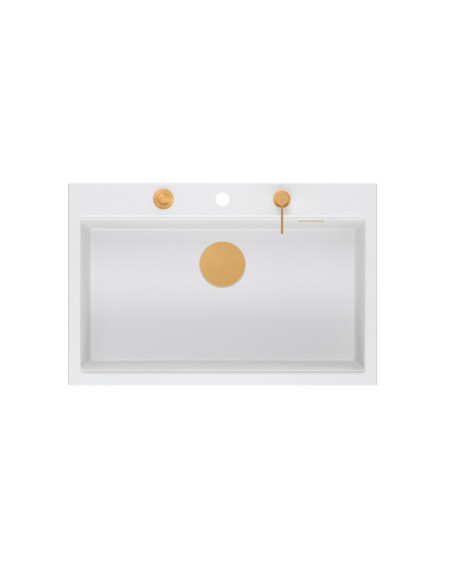 MARC WORKSTATION 1-bowl sink + Push-2-Open siphon + liquid dispenser + drain cover + wooden board snow white / copper elements -