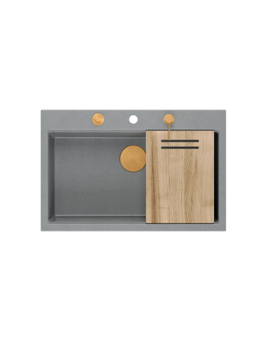 MARC WORKSTATION 1-bowl sink + Push-2-Open siphon + liquid dispenser + drain cover + wooden board silver stone / copper elements