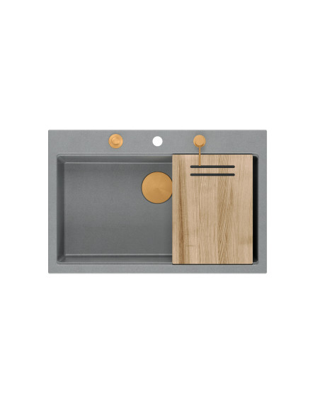 MARC WORKSTATION 1-bowl sink + Push-2-Open siphon + liquid dispenser + drain cover + wooden board silver stone / copper elements MARC WORKSTATION 1-bowl sink + Push-2-Open siphon + liquid dispenser + drain cover + wooden board silver stone / copper elements