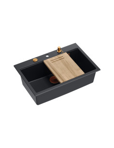 MARC WORKSTATION 1-bowl sink + Push-2-Open siphon + liquid dispenser + drain cover + wooden board pure carbon / copper elements 