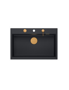 MARC WORKSTATION 1-bowl sink + Push-2-Open siphon + liquid dispenser + drain cover + wooden board pure carbon / copper elements  2