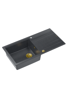EVAN 146 XL 1-bowl inset sink with drainer + Push-2-Open siphon PVD color black diamond / gold elements - 1