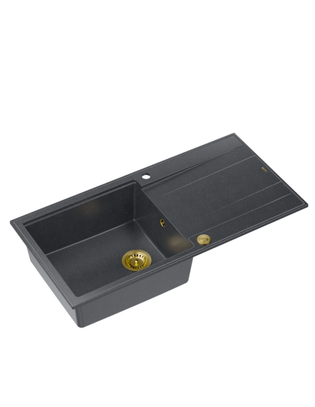 EVAN 146 XL 1-bowl inset sink with drainer + Push-2-Open siphon PVD color black diamond / gold elements - 1