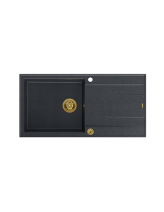 EVAN 146 XL 1-bowl inset sink with drainer + Push-2-Open siphon PVD color black diamond / gold elements - 1 2