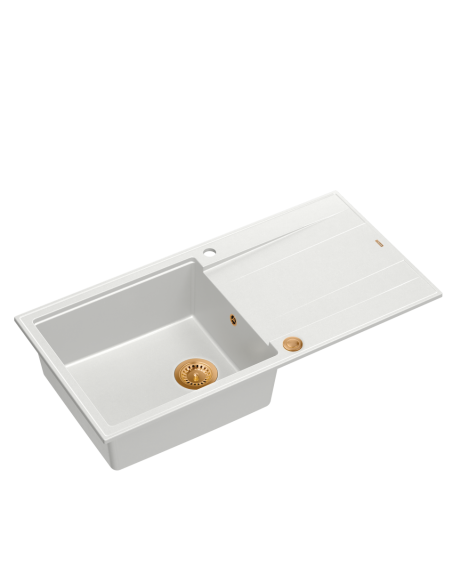 EVAN 146 XL 1-bowl inset sink with drainer + Push-2-Open siphon PVD color snow white / copper elements - 1