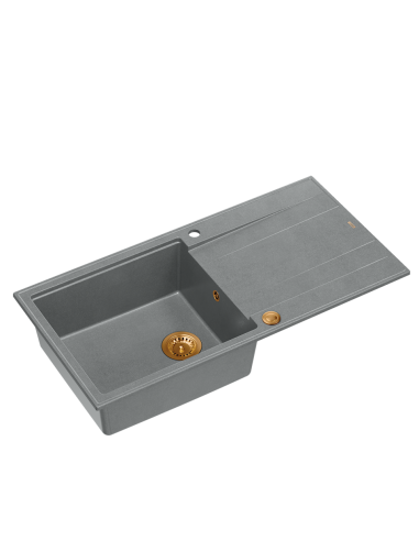 EVAN 146 XL 1-bowl inset sink with drainer + Push-2-Open siphon PVD color silver stone / copper elements - 1