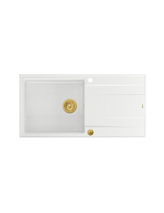 EVAN 146 XL 1-bowl inset sink with drainer + Push-2-Open siphon PVD color snow white / gold elements - 1 2