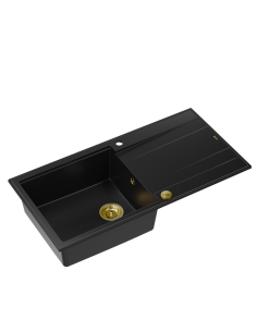 EVAN 146 XL 1-bowl inset sink with drainer + Push-2-Open siphon PVD color pure carbon / gold elements - 1