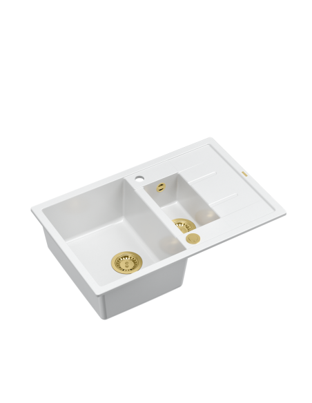 MORGAN 156 + nano PVD 1,5-bowl inset sink with drainer + save space siphon PVD colour / snow white / gold elements - 1