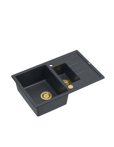 MORGAN 156 + nano PVD 1,5-bowl inset sink with drainer + save space siphon PVD colour / black diamond / gold elements - 1