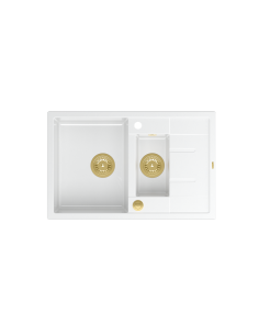 MORGAN 156 + nano PVD 1,5-bowl inset sink with drainer + save space siphon PVD colour / snow white / gold elements - 1 2