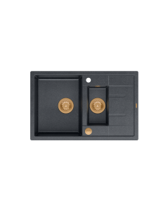 MORGAN 156 + nano PVD 1,5-bowl inset sink with drainer + save space siphon PVD colour / black diamond / gold elements - 1 2