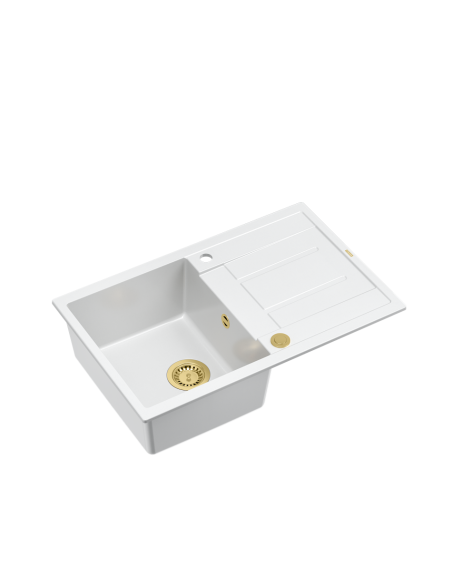 MORGAN 111 + nano PVD 1-bowl inset sink with drainer + save space siphon PVD colour / snow white / gold elements - 1