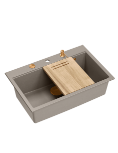 MARC WORKSTATION 1-bowl sink + Push-2-Open siphon + liquid dispenser + drain cover + wooden board soft taupe / copper elements -