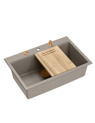 MARC WORKSTATION 1-bowl sink + Push-2-Open siphon + liquid dispenser + drain cover + wooden board soft taupe / copper elements -