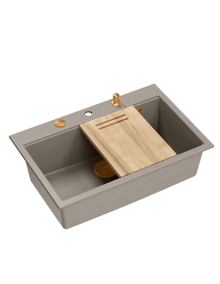 MARC WORKSTATION 1-bowl sink + Push-2-Open siphon + liquid dispenser + drain cover + wooden board soft taupe / copper elements -