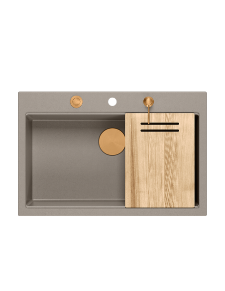 MARC WORKSTATION 1-bowl sink + Push-2-Open siphon + liquid dispenser + drain cover + wooden board soft taupe / copper elements -