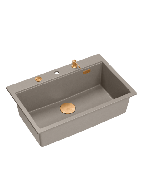 MARC WORKSTATION 1-bowl sink + Push-2-Open siphon + liquid dispenser + drain cover + wooden board soft taupe / copper elements -