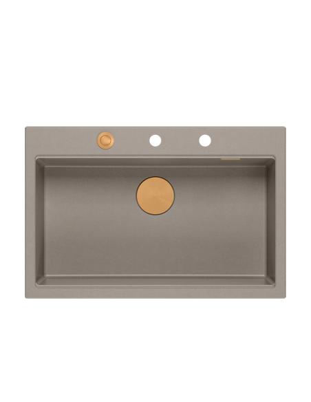 MARC WORKSTATION 1-bowl sink + Push-2-Open siphon + liquid dispenser + drain cover + wooden board soft taupe / copper elements -
