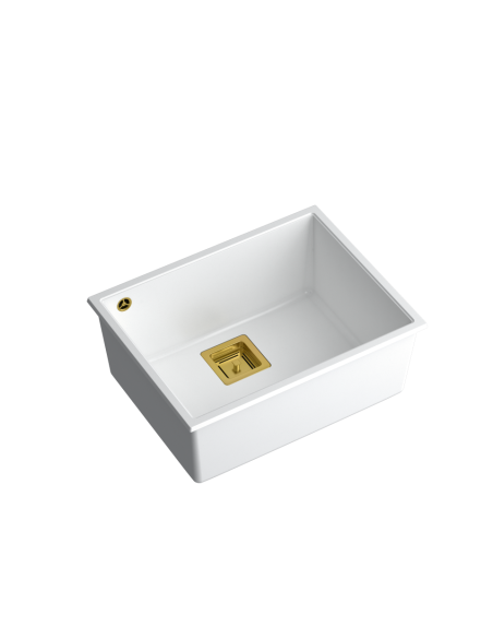 DAVID 50 + nano PVD 1-bowl undermount sink with square waste + save space siphon PVD colour / snow white / gold elements - 1