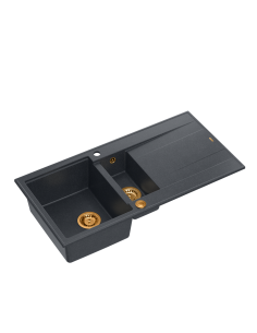 EVAN 156 1,5-bowl inset sink with drainer + Push-2-Open siphon PVD color black diamond / copper elements - 1