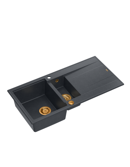 EVAN 156 1,5-bowl inset sink with drainer + Push-2-Open siphon PVD color black diamond / copper elements - 1