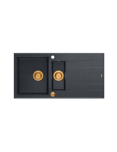 EVAN 156 1,5-bowl inset sink with drainer + Push-2-Open siphon PVD color black diamond / copper elements - 1 2