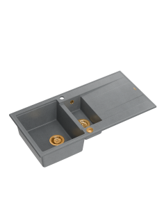 EVAN 156 1,5-bowl inset sink with drainer + Push-2-Open siphon PVD color silver stone / copper elements - 1