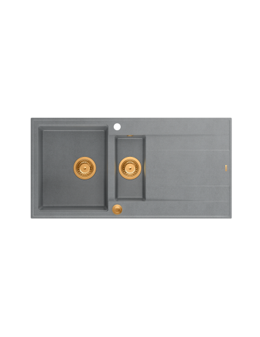 EVAN 156 1,5-bowl inset sink with drainer + Push-2-Open siphon PVD color silver stone / copper elements - 2