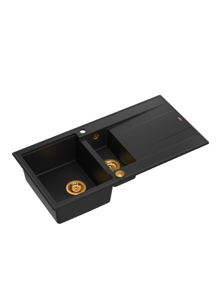 EVAN 156 1,5-bowl inset sink with drainer + Push-2-Open siphon PVD color pure carbon / copper elements - 1