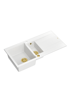 EVAN 156 1,5-bowl inset sink with drainer + Push-2-Open siphon PVD color snow white / gold elements - 1