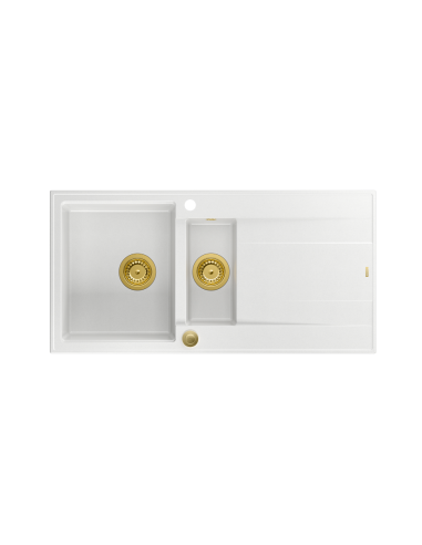 EVAN 156 1,5-bowl inset sink with drainer + Push-2-Open siphon PVD color snow white / gold elements - 2