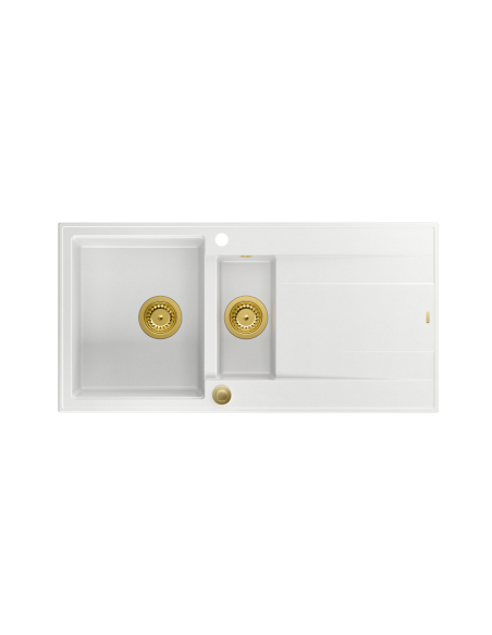 EVAN 156 1,5-bowl inset sink with drainer + Push-2-Open siphon PVD color snow white / gold elements - 2