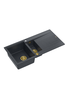 EVAN 156 1,5-bowl inset sink with drainer + Push-2-Open siphon PVD color black diamond / gold elements - 1