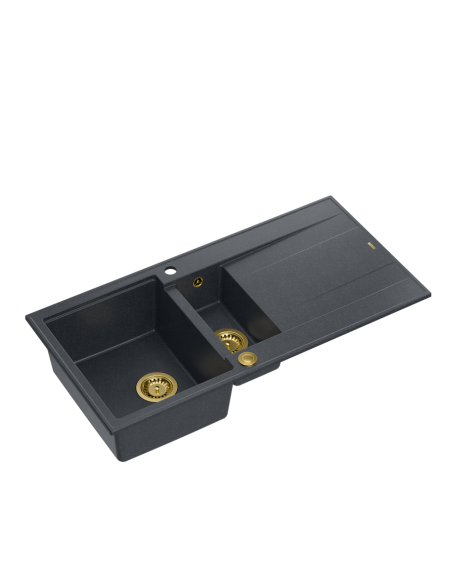 EVAN 156 1,5-bowl inset sink with drainer + Push-2-Open siphon PVD color black diamond / gold elements - 1