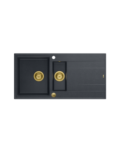 EVAN 156 1,5-bowl inset sink with drainer + Push-2-Open siphon PVD color black diamond / gold elements - 1 2
