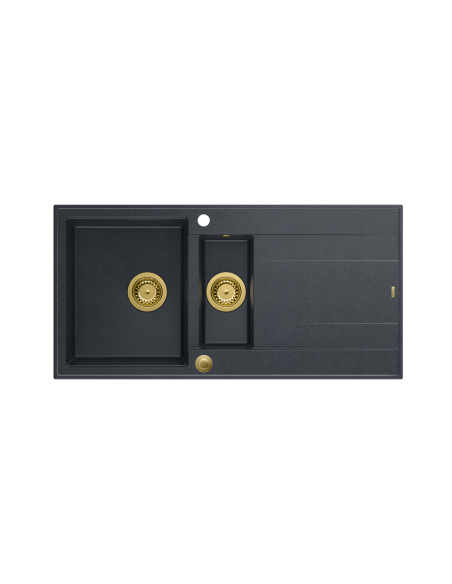 EVAN 156 1,5-bowl inset sink with drainer + Push-2-Open siphon PVD color black diamond / gold elements - 2