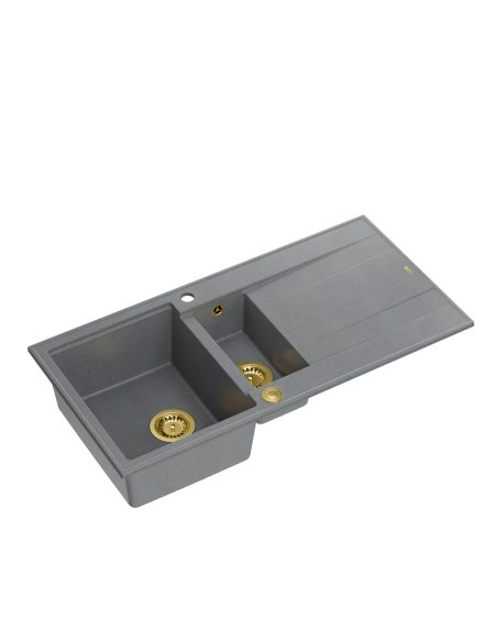 EVAN 156 1,5-bowl inset sink with drainer + Push-2-Open siphon PVD color silver stone / gold elements - 1